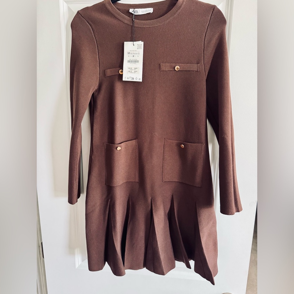 ZARA Brown Knit Pleated Mini Dress – Size M (NWT) - Picture 2 of 11